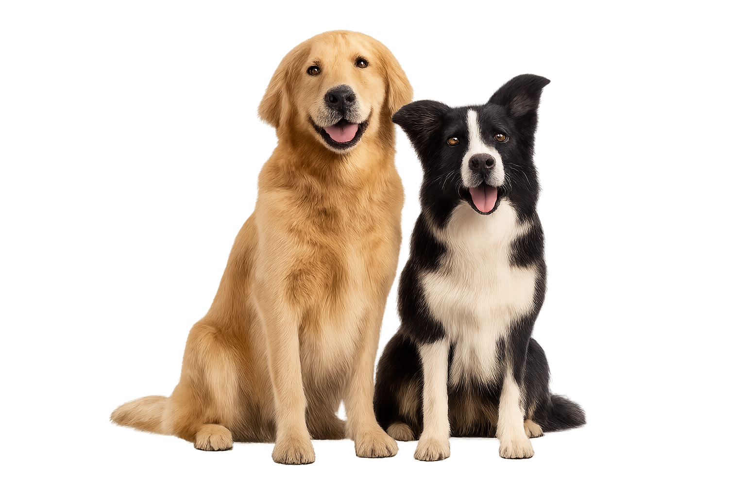 Three dogs sit side by side: a fluffy Pomeranian, a sleek black-and-tan dog, and a small, cream-colored Chihuahua against a dark background.